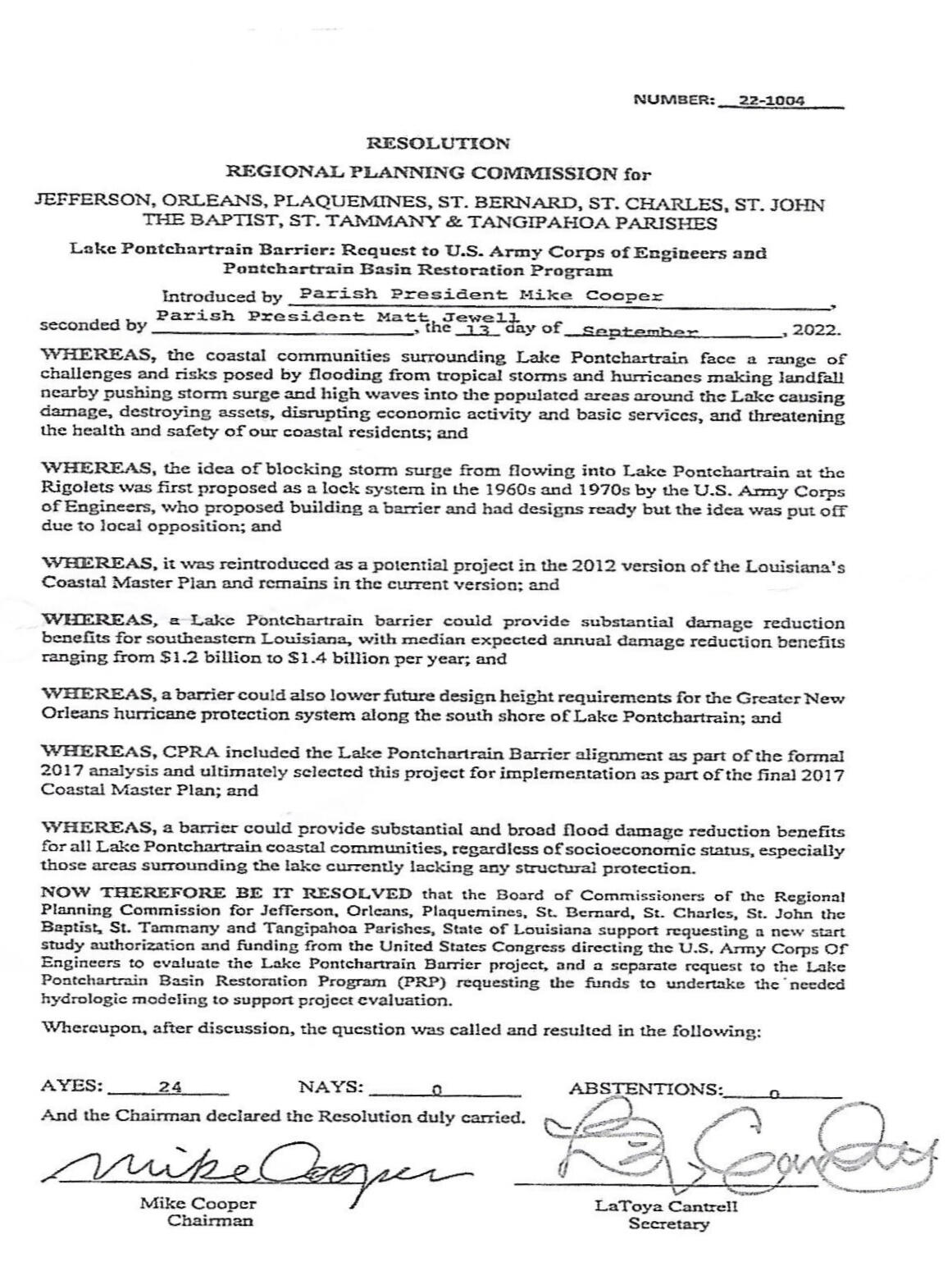 Regional Planning Commission Resolution to Proceed with Lake Pontchartrain Barrier Modeling